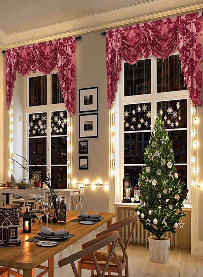 NAPEARL Red Valance for Windows-Christmas Decoration Swag Curtains for Living Room, Damask Waterfall Valance Curtains with Beads for Bedroom, 61-Inch Wide - Image 2