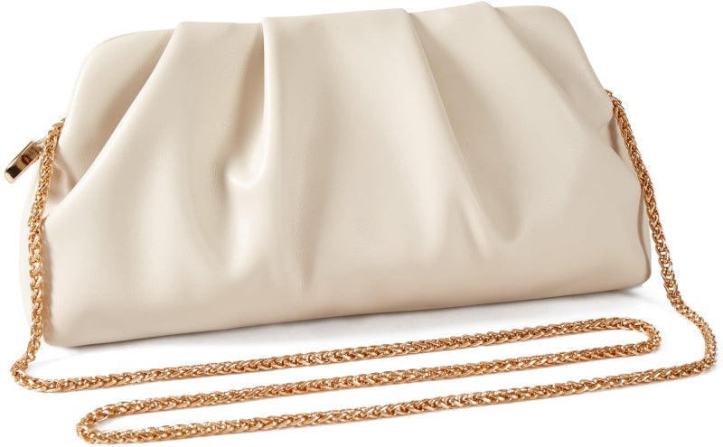 FanChris Evening Bag for Women Ruched Clutch Purse Detachable Metal Chain Crossbody Bag(Cream White) - Image 1