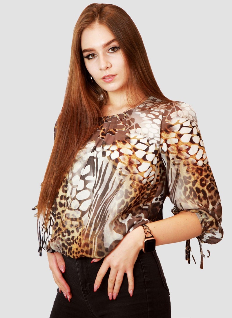 Kidwala Women'S Tops, Tees & Blouses Tie Sleeves, White & Brown Blouse, Round Nick Top With 3/4 Quarter Sleeves Length, Waist Length Blouse, Tiger & Zebra Print Top - Image 2