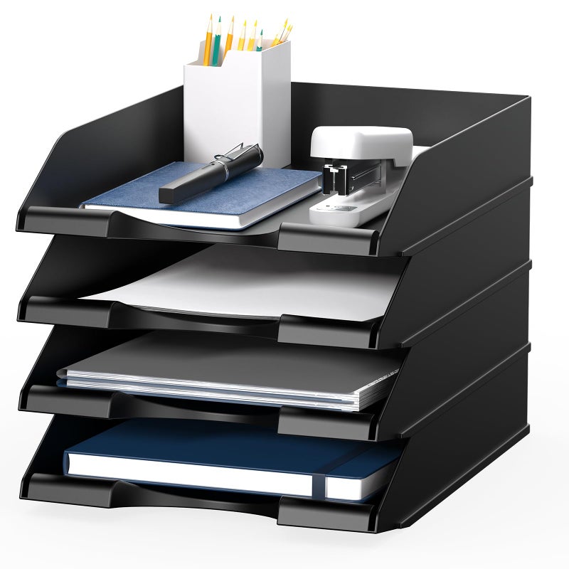 Delifox 4 Pack Stackable Paper Trays for Letter Documents, Desktop File Organizers for Office Supplies, Stackable Desk Tray Holder for Paper Storage, Black - Image 1