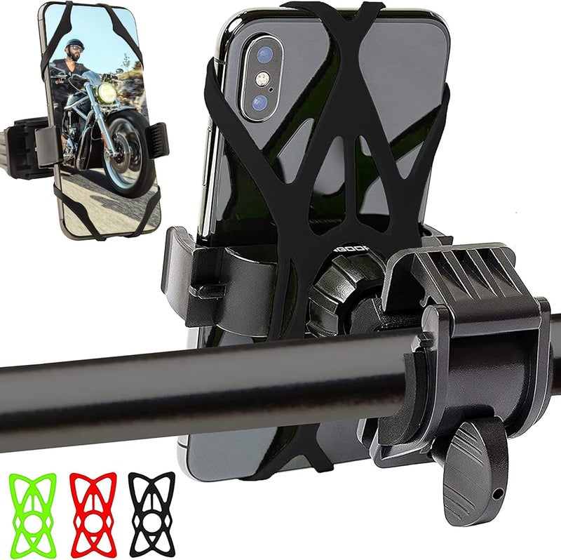 Mongoora Bike & Motorcycle Phone Mount - GPS Cell Phone Holder for Bicycle Handlebar - Easy to Install Bike Accessories Fits iPhone, Galaxy, Android - Stocking Stuffers - 3 Bands (Black, Red, Green) - Image 1