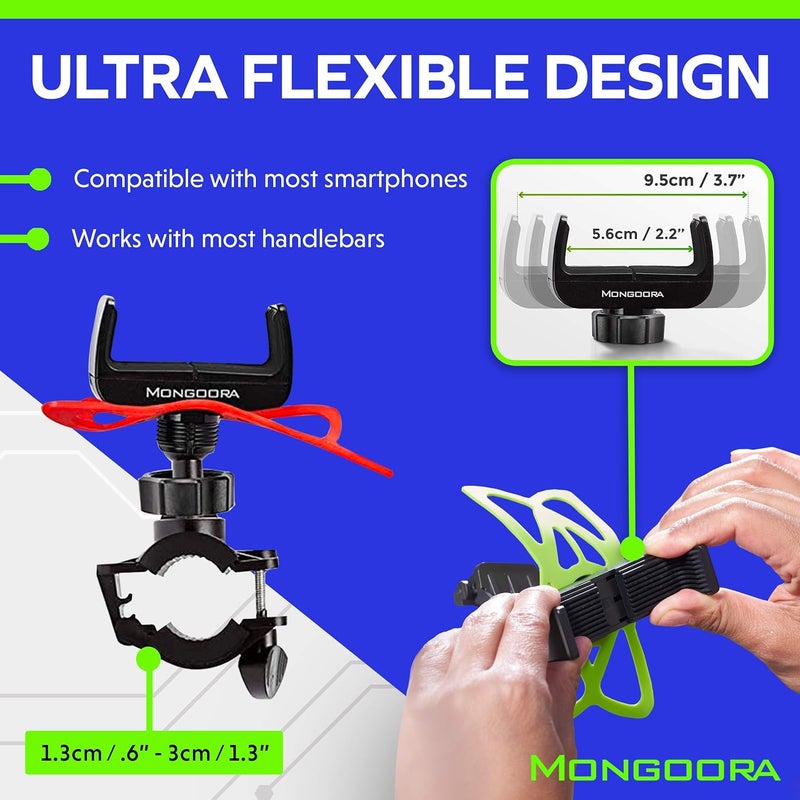Mongoora Bike & Motorcycle Phone Mount - GPS Cell Phone Holder for Bicycle Handlebar - Easy to Install Bike Accessories Fits iPhone, Galaxy, Android - Stocking Stuffers - 3 Bands (Black, Red, Green) - Image 3