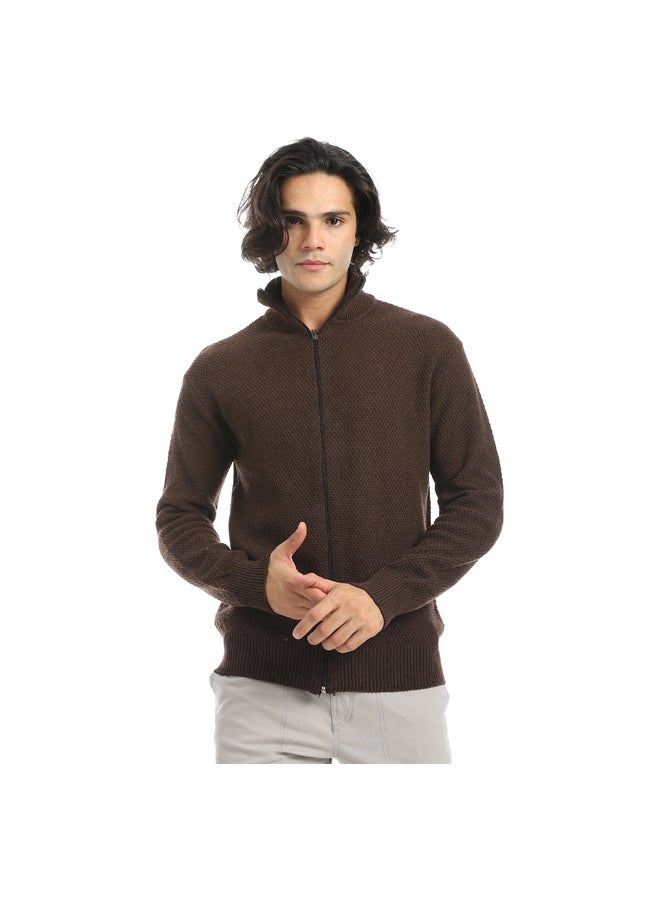 Andora Brown Smart Casual Knitted Self Pattern Zipper Closure Jacket_Brown - Image 1