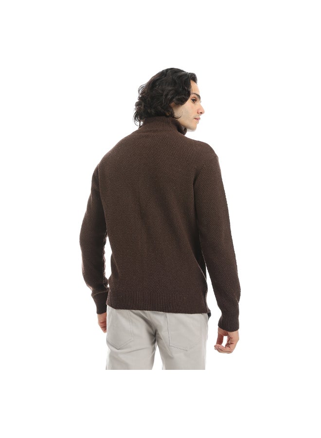 Andora Brown Smart Casual Knitted Self Pattern Zipper Closure Jacket_Brown - Image 4