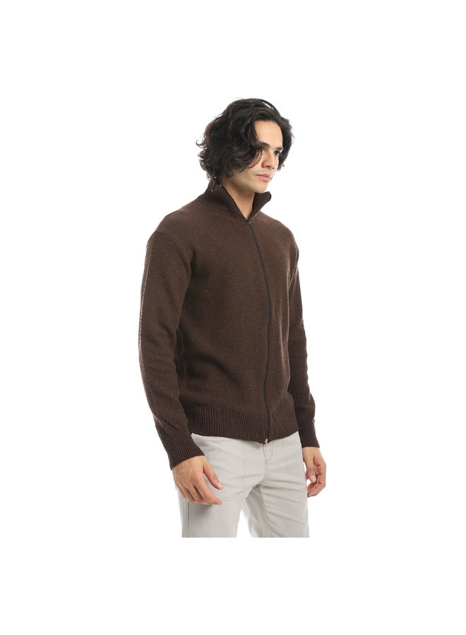 Andora Brown Smart Casual Knitted Self Pattern Zipper Closure Jacket_Brown - Image 2