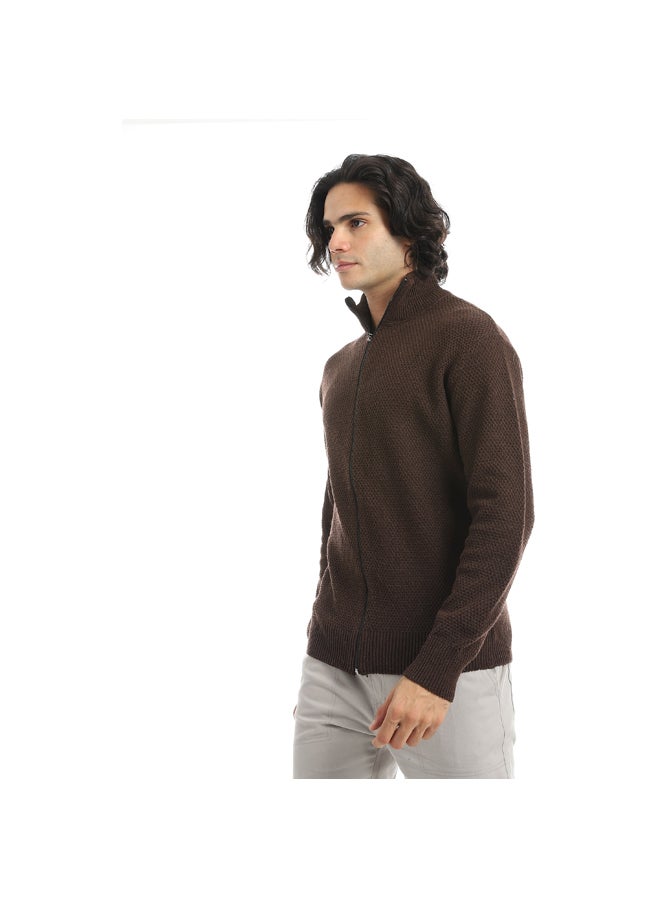 Andora Brown Smart Casual Knitted Self Pattern Zipper Closure Jacket_Brown - Image 3