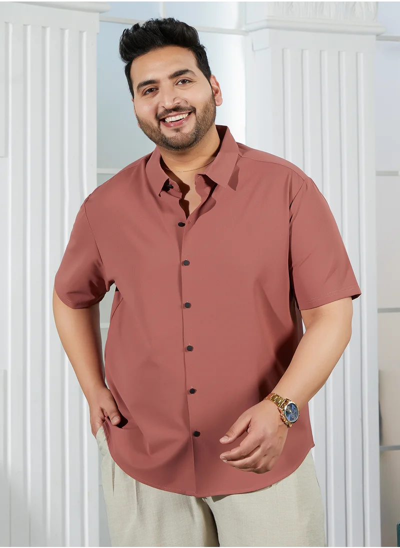 انستافاب بلس Instafab Plus Men's Sienna Brown Seamless Ribbed Shirt For Casual Wear | Spread Collar | Short Cuffed Sleeves | Button Closure | Plus Size Shirt Crafted With Comfort Fit For Everyday Wear