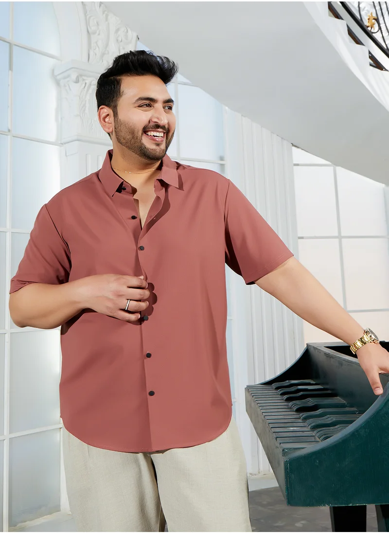 انستافاب بلس Instafab Plus Men's Sienna Brown Seamless Ribbed Shirt For Casual Wear | Spread Collar | Short Cuffed Sleeves | Button Closure | Plus Size Shirt Crafted With Comfort Fit For Everyday Wear