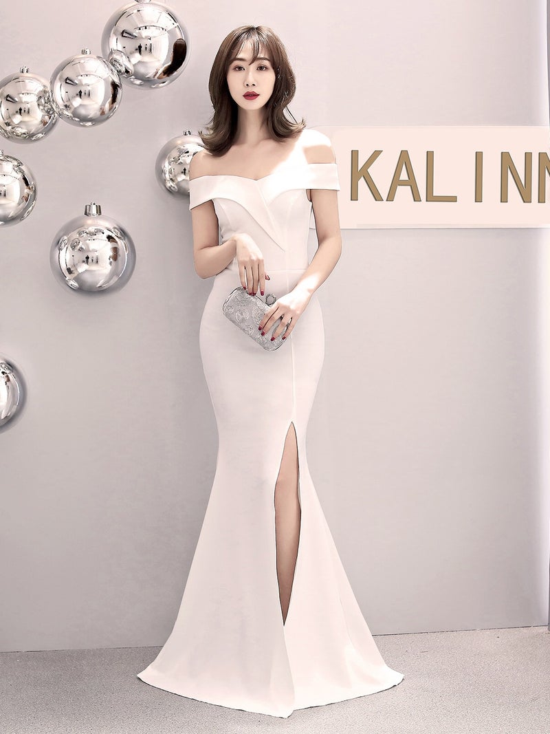 White New 2025 Long One-Shoulder Fishtail Evening Dress Off-Shoulder Toast Party Petite Slit Dress - Image 2