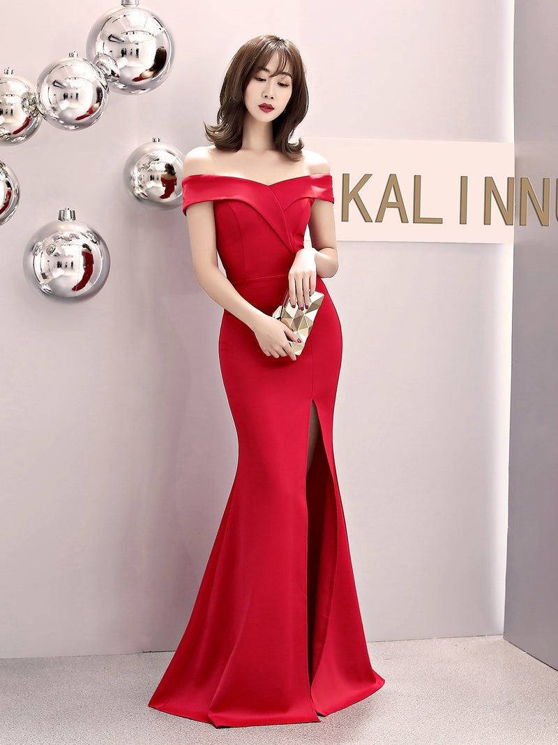 White New 2025 Long One-Shoulder Fishtail Evening Dress Off-Shoulder Toast Party Petite Slit Dress - Image 3