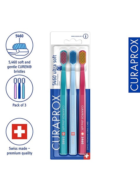 Curaprox Toothbrush CS 5460 Ultra-Soft, 3 Pack - Ultra Soft Toothbrush for adults with 5460 CUREN Bristles - Curaprox Manual Toothbrush Multicolour