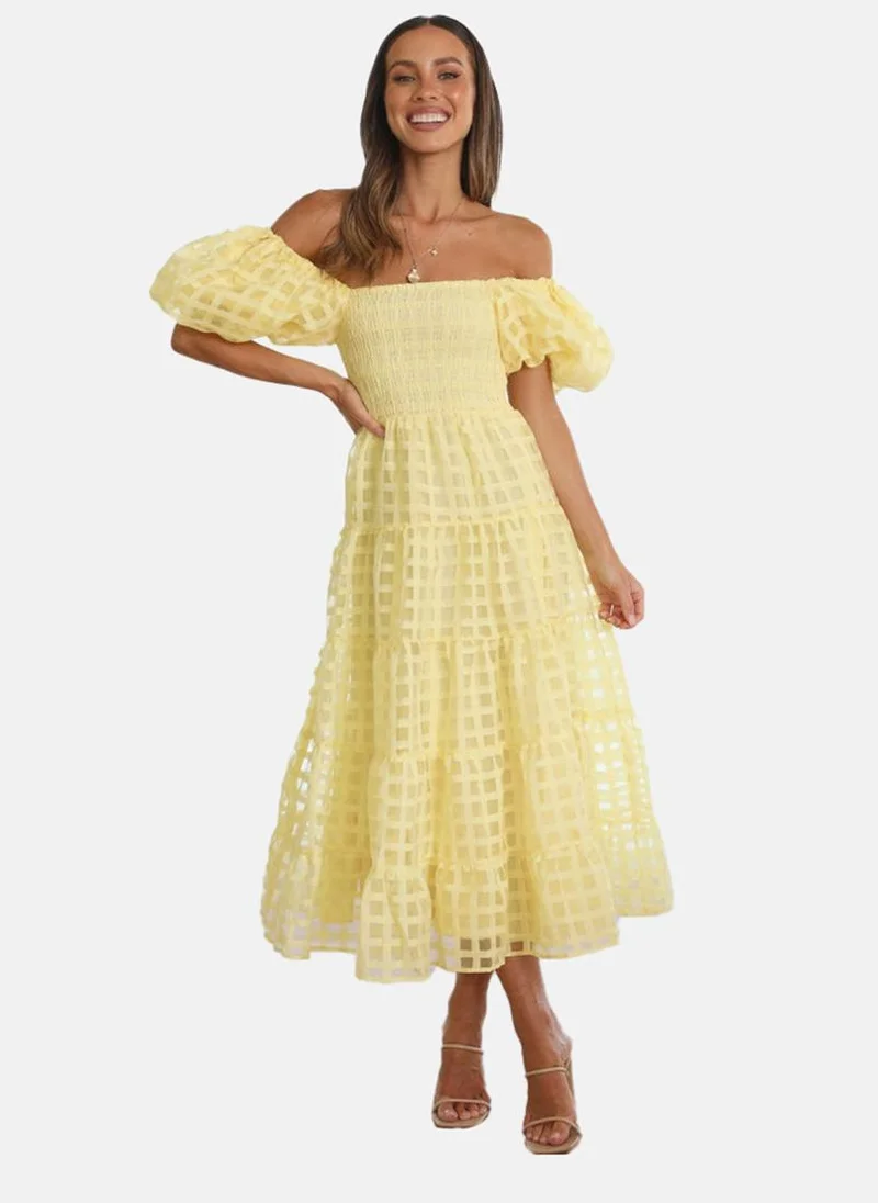 YUNIQEE Lemon Yellow Off-Shoulder Self Design Fit & Flared Dress