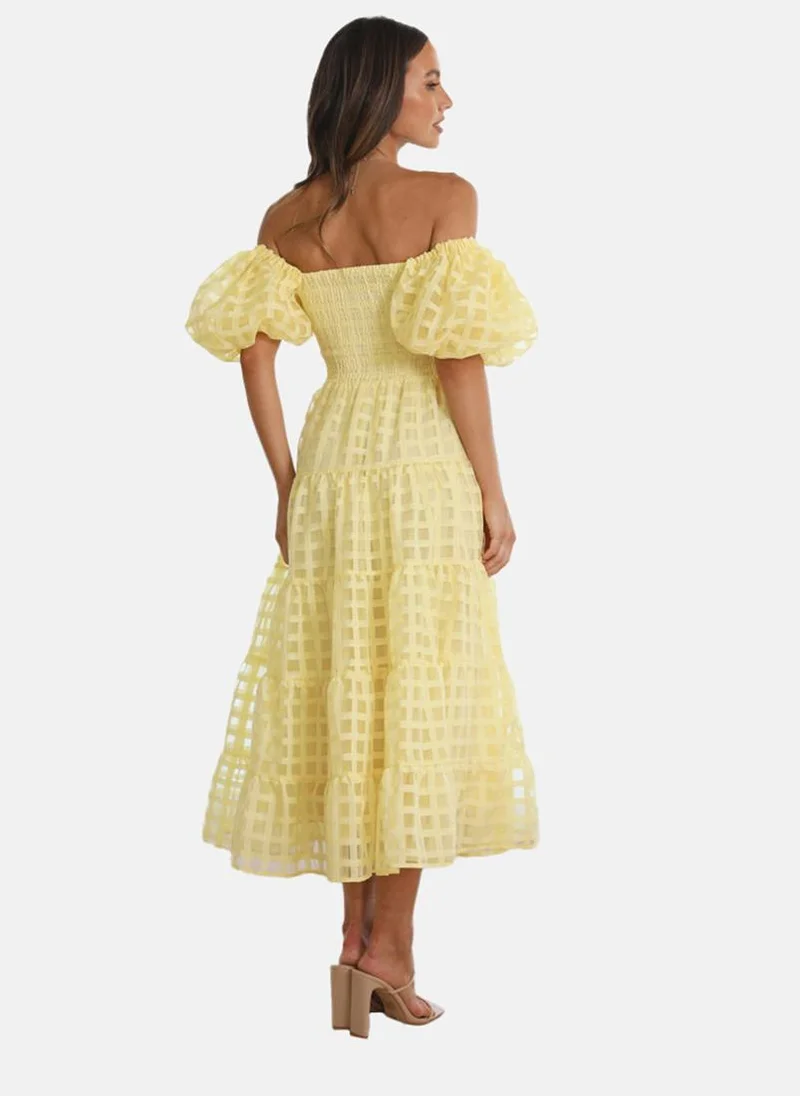 يونيكي Lemon Yellow Off-Shoulder Self Design Fit & Flared Dress