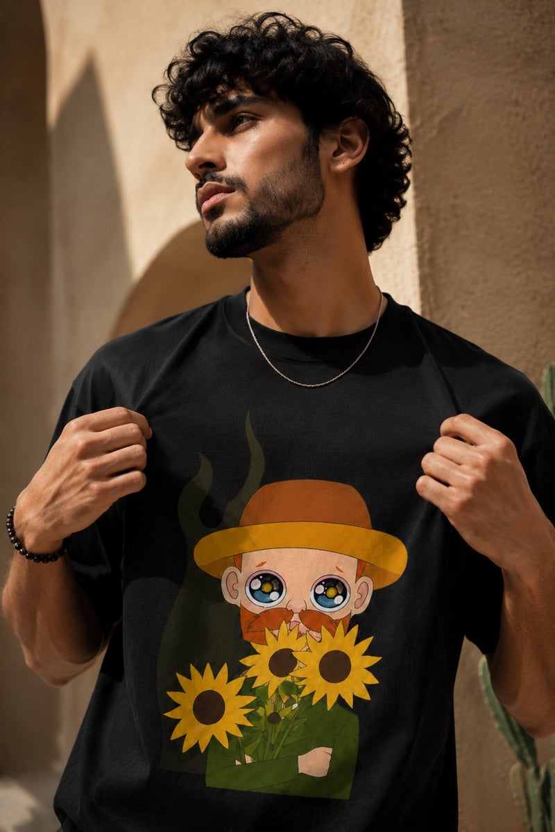 Men's Black Oversized Graphic T-Shirt Art Print Casual Short Sleeve Streetwear Tee - Image 1