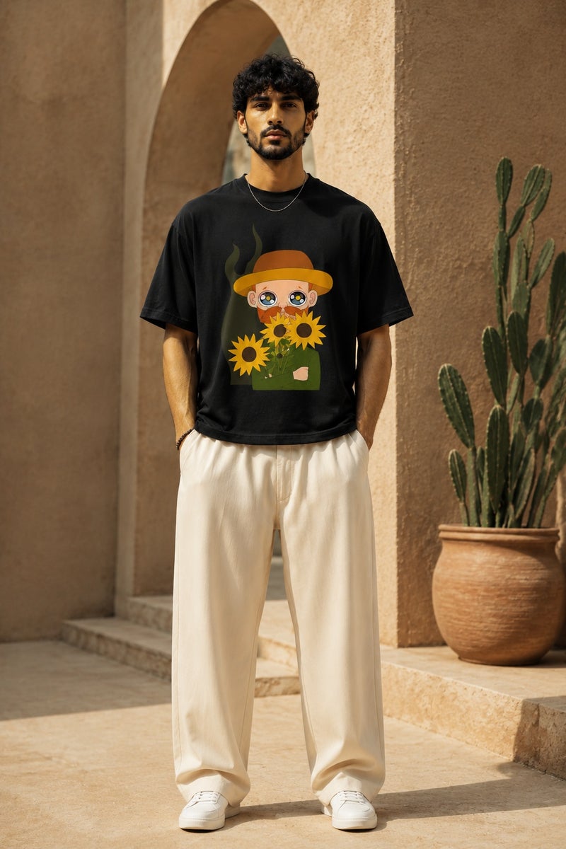 Men's Black Oversized Graphic T-Shirt Art Print Casual Short Sleeve Streetwear Tee - Image 2