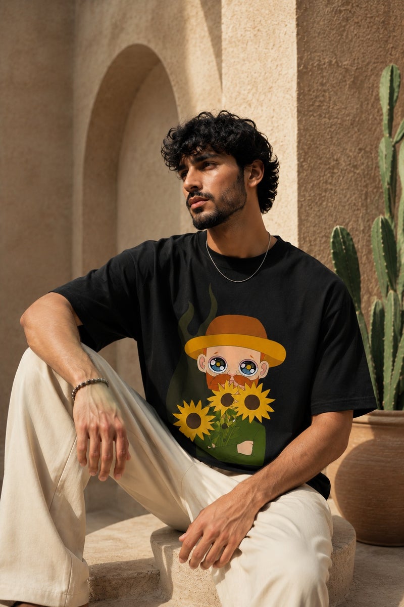 Men's Black Oversized Graphic T-Shirt Art Print Casual Short Sleeve Streetwear Tee - Image 4