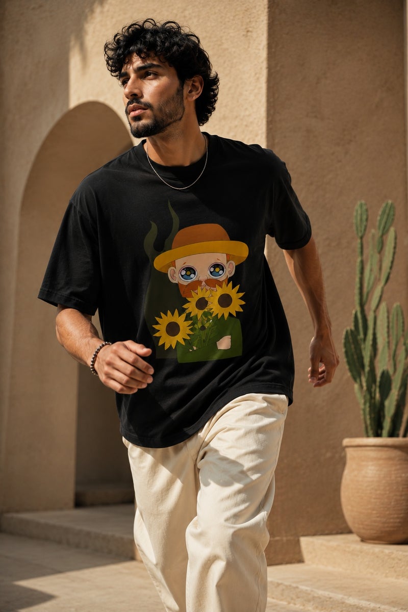 Men's Black Oversized Graphic T-Shirt Art Print Casual Short Sleeve Streetwear Tee - Image 3