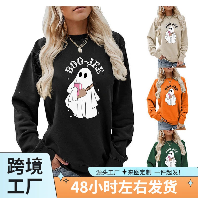 New Boo Jee Fun Printed Sweater Round Neck Fashion Versatile Casual Long Sleeve Top - Image 2