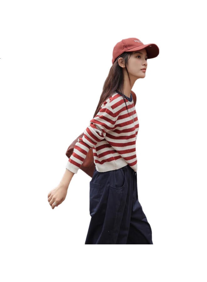 dme Classic Color Block Striped Round Neck Pullover Long Sleeve Knit Sweater For Women - Image 1