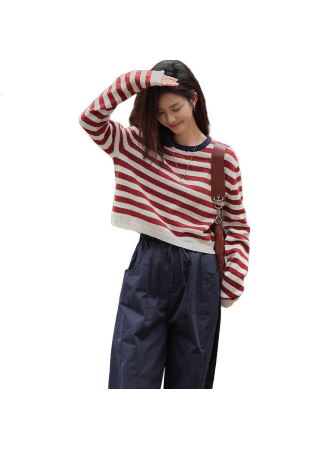 dme Classic Color Block Striped Round Neck Pullover Long Sleeve Knit Sweater For Women - Image 2