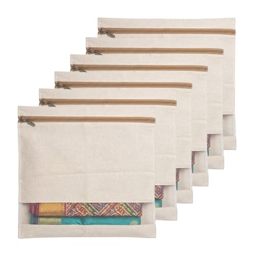 RNTR Cotton Saree Bags/Covers For Storage Set Of - 6 Big Size Single (16 X 14 Inches) With Zip Closure For Clothes Bags And Wardrobe Organizer With Transparent Mesh Window, Beige - Image 1