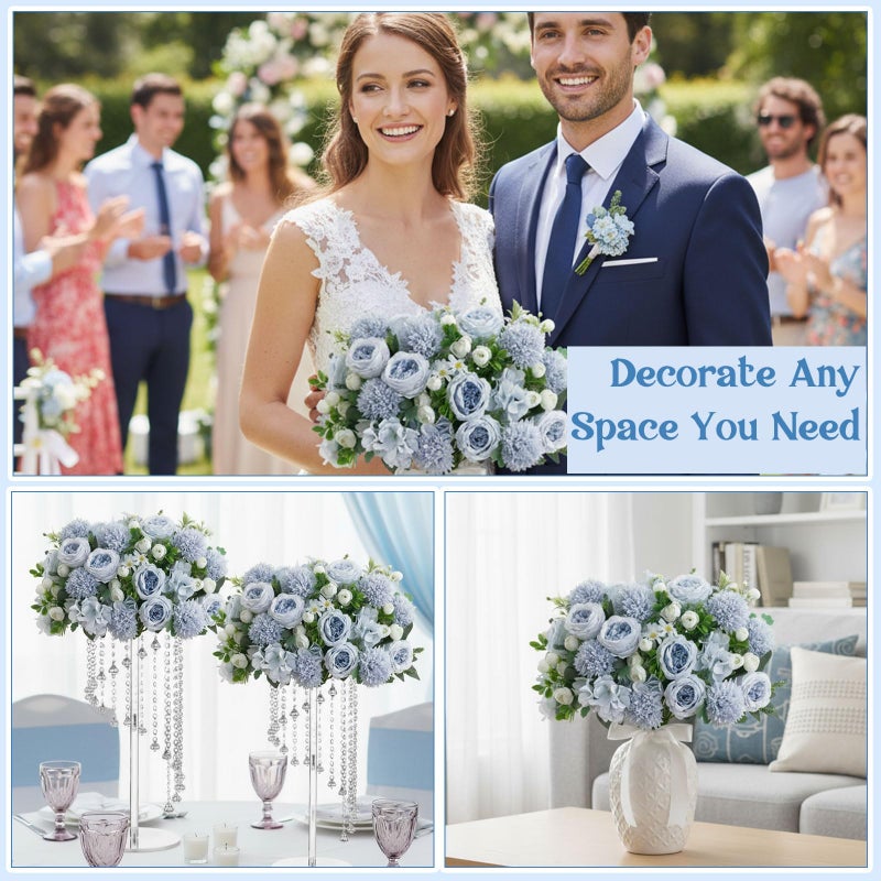 Geosar 6 Bundles Peonies Artificial Flowers Fake Hydrangea Silk Faux Chrysanthemum Ball Daisy Flowers Bouquet for Wedding Party Florals Arrangements Vase Table Centerpiece Decor(Blue, White) - Image 5
