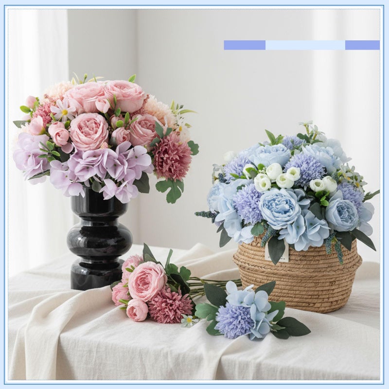 Geosar 6 Bundles Peonies Artificial Flowers Fake Hydrangea Silk Faux Chrysanthemum Ball Daisy Flowers Bouquet for Wedding Party Florals Arrangements Vase Table Centerpiece Decor(Blue, White) - Image 3