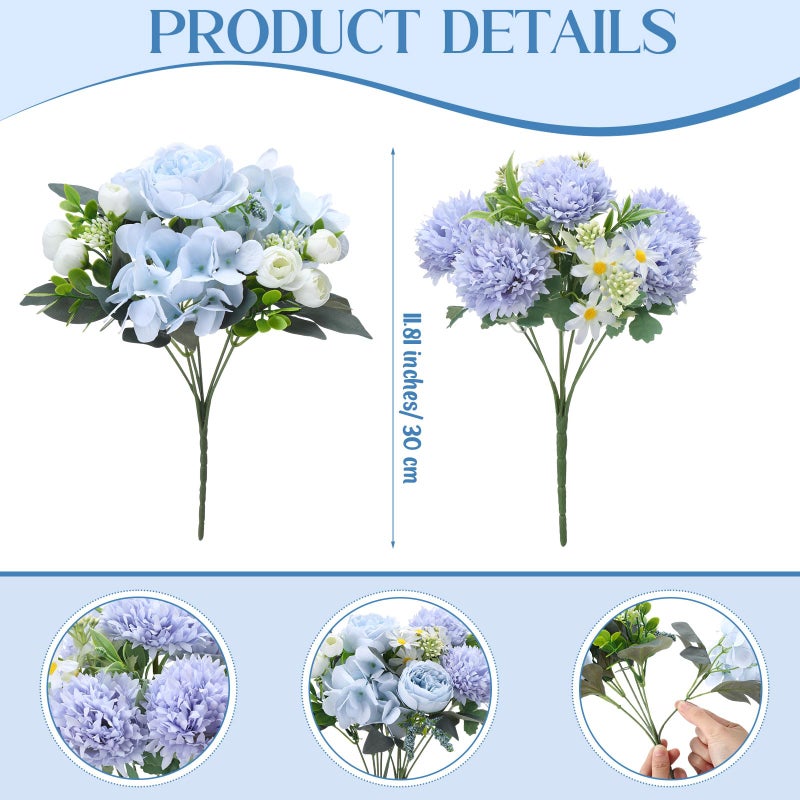 Geosar 6 Bundles Peonies Artificial Flowers Fake Hydrangea Silk Faux Chrysanthemum Ball Daisy Flowers Bouquet for Wedding Party Florals Arrangements Vase Table Centerpiece Decor(Blue, White) - Image 2
