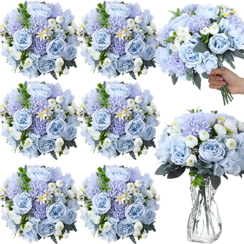 Geosar 6 Bundles Peonies Artificial Flowers Fake Hydrangea Silk Faux Chrysanthemum Ball Daisy Flowers Bouquet for Wedding Party Florals Arrangements Vase Table Centerpiece Decor(Blue, White) - Image 1