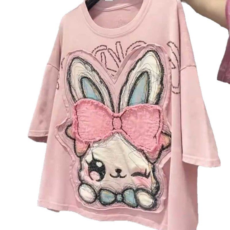 Plus Size Heavy Weight Applique Print Short Sleeve T-Shirt for Women - Image 4