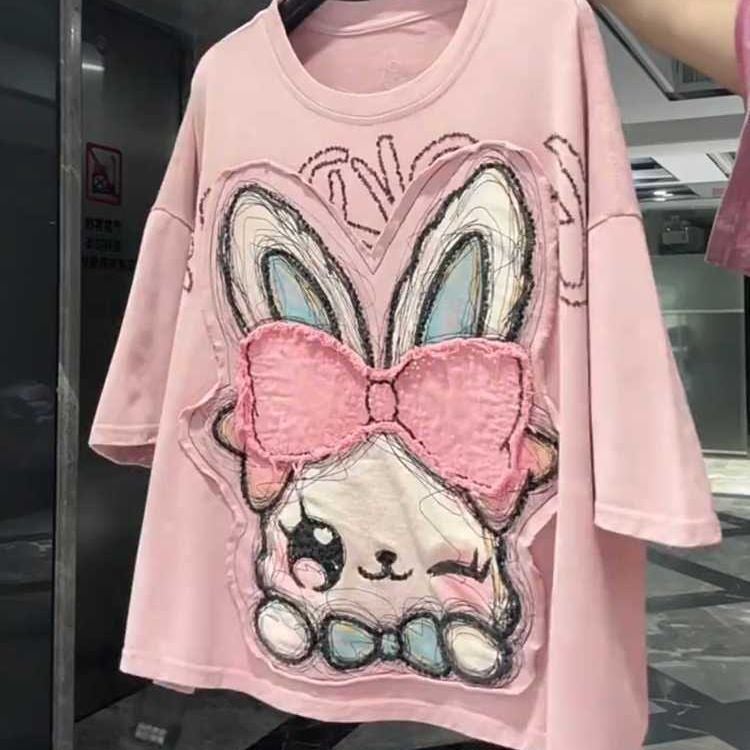 Plus Size Heavy Weight Applique Print Short Sleeve T-Shirt for Women - Image 1