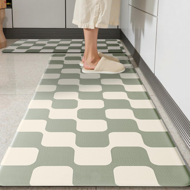 VivaNest Sage Green Beige Retro Curvy Checkered Grid Checkerboard Kitchen Rug Sets [2 PCs], Anti-Fatigue, Waterproof Non-Slip Kitchen Mats Heavy Duty Comfort Foam Rug for Floor, Home, Laundry,17"x29"+17"x47" - Image 1