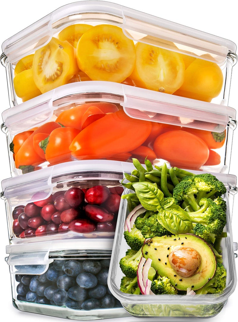 Prep Naturals Airtight BPA-free Glass Portion Control Food Storage Containers with Lids (30 oz) - 5-Pack - Image 1