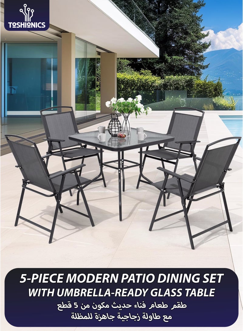 Toshionics 5-Piece Dining Table Set with 4 Foldable Chairs and Tempered Glass Square Table – Modern Kitchen and Dining Room Furniture for Small Spaces, Apartments, Balconies, Indoor and Outdoor Patio Bistro Set – Rust-Resistant Steel Frame, UV-Resistant Breathable Fabric, Space-Saving, Durable and Easy to Assemble - Image 1
