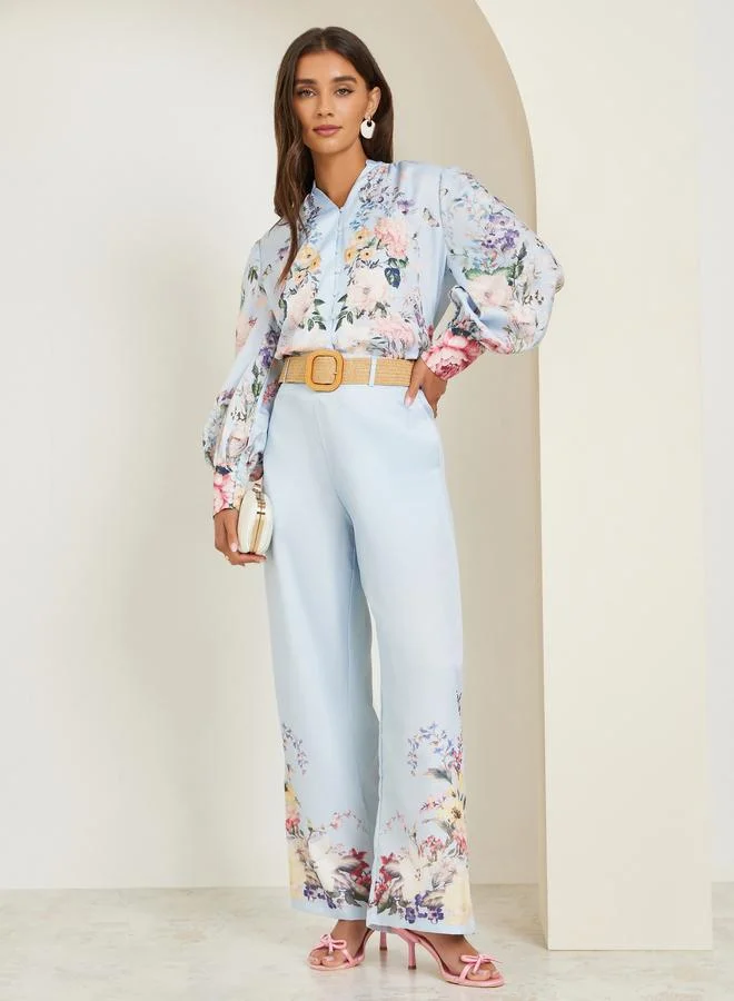 Styli Blue Floral Print Long Sleeve Blouse