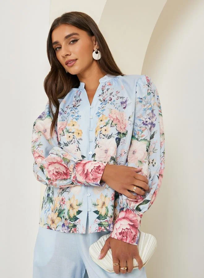Styli Blue Floral Print Long Sleeve Blouse