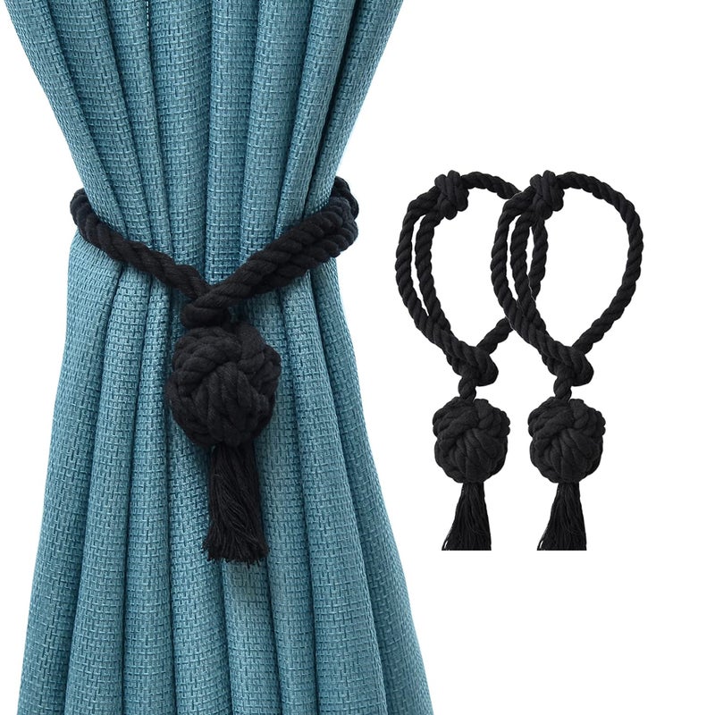 JQWUPUP 2 Pack Black Curtain Tiebacks Outdoor Decorative Rope Drapes Holdbacks Tie Back Drapery Holders for Sheer Curtains