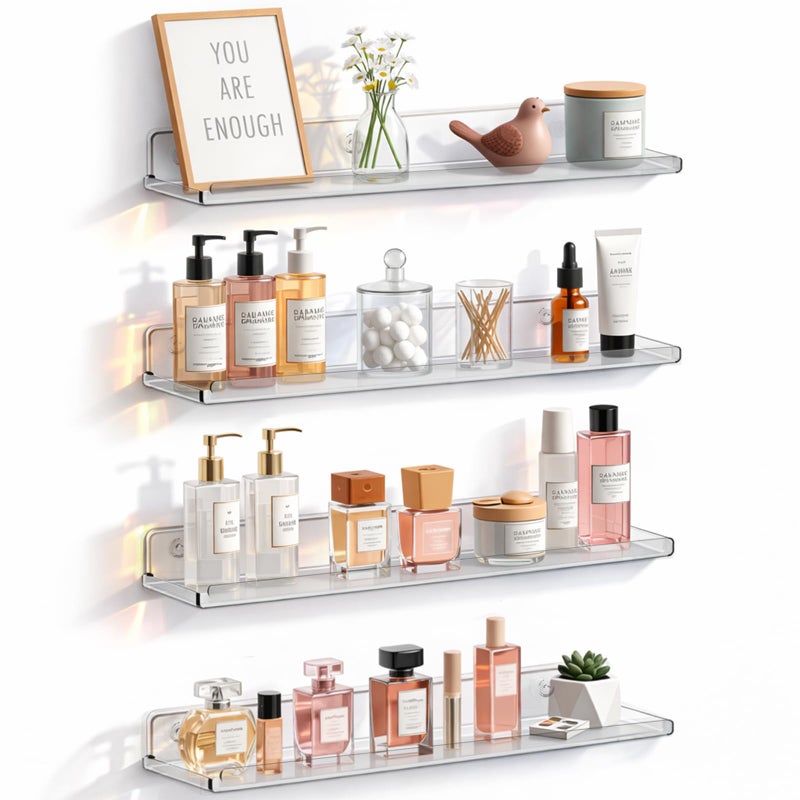 Lifewit Floating Shelves for Bathroom, 14" Clear Wall Organizer for Makeup, Perfume, Figures, Photo, Decor Shelf for Nursery, Living Room, Bedroom, Kitchen, Over Toilet Storage Rack, Clear, 4 Pack - Image 1