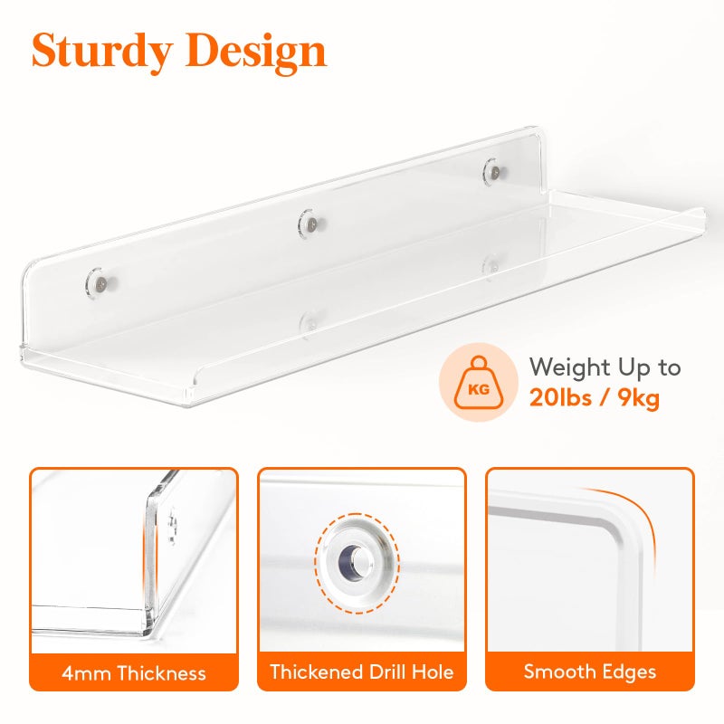 Lifewit Floating Shelves for Bathroom, 14" Clear Wall Organizer for Makeup, Perfume, Figures, Photo, Decor Shelf for Nursery, Living Room, Bedroom, Kitchen, Over Toilet Storage Rack, Clear, 4 Pack - Image 2