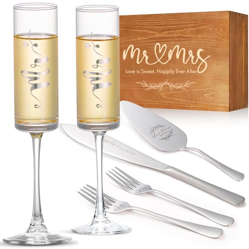 VARLKA Wedding Cake Knife and Server Set, Mr and Mrs Champagne Flutes & Forks with Wooden Box, Silver Cake Cutting Set for Wedding Engagement Bridal Shower Gifts - Image 1