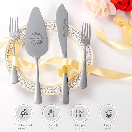 VARLKA Wedding Cake Knife and Server Set, Mr and Mrs Champagne Flutes & Forks with Wooden Box, Silver Cake Cutting Set for Wedding Engagement Bridal Shower Gifts - Image 4