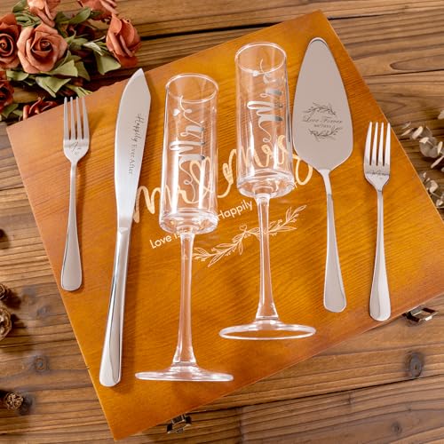 VARLKA Wedding Cake Knife and Server Set, Mr and Mrs Champagne Flutes & Forks with Wooden Box, Silver Cake Cutting Set for Wedding Engagement Bridal Shower Gifts - Image 2