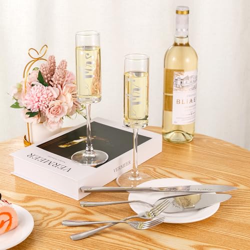 VARLKA Wedding Cake Knife and Server Set, Mr and Mrs Champagne Flutes & Forks with Wooden Box, Silver Cake Cutting Set for Wedding Engagement Bridal Shower Gifts - Image 3