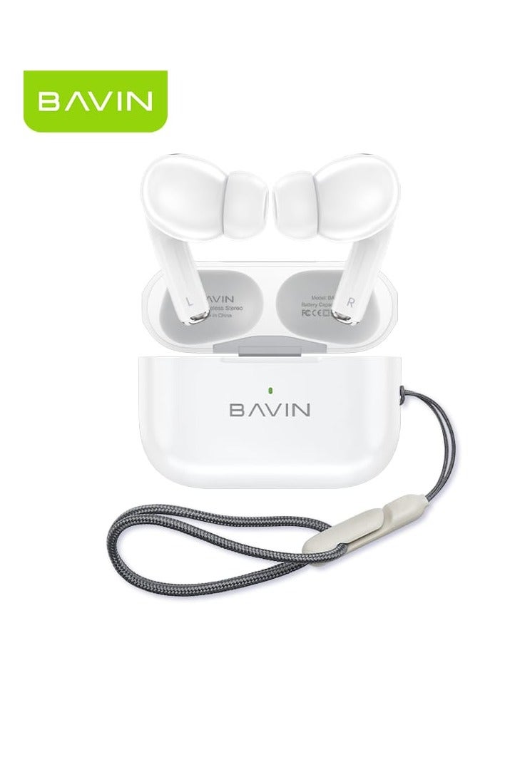 Bavin TWS Bluetooth Earphones with Long Battery Life and Comfortable Silicone Clip with Hanging Rope Touch Control Bluetooth 5.3 White - Image 1