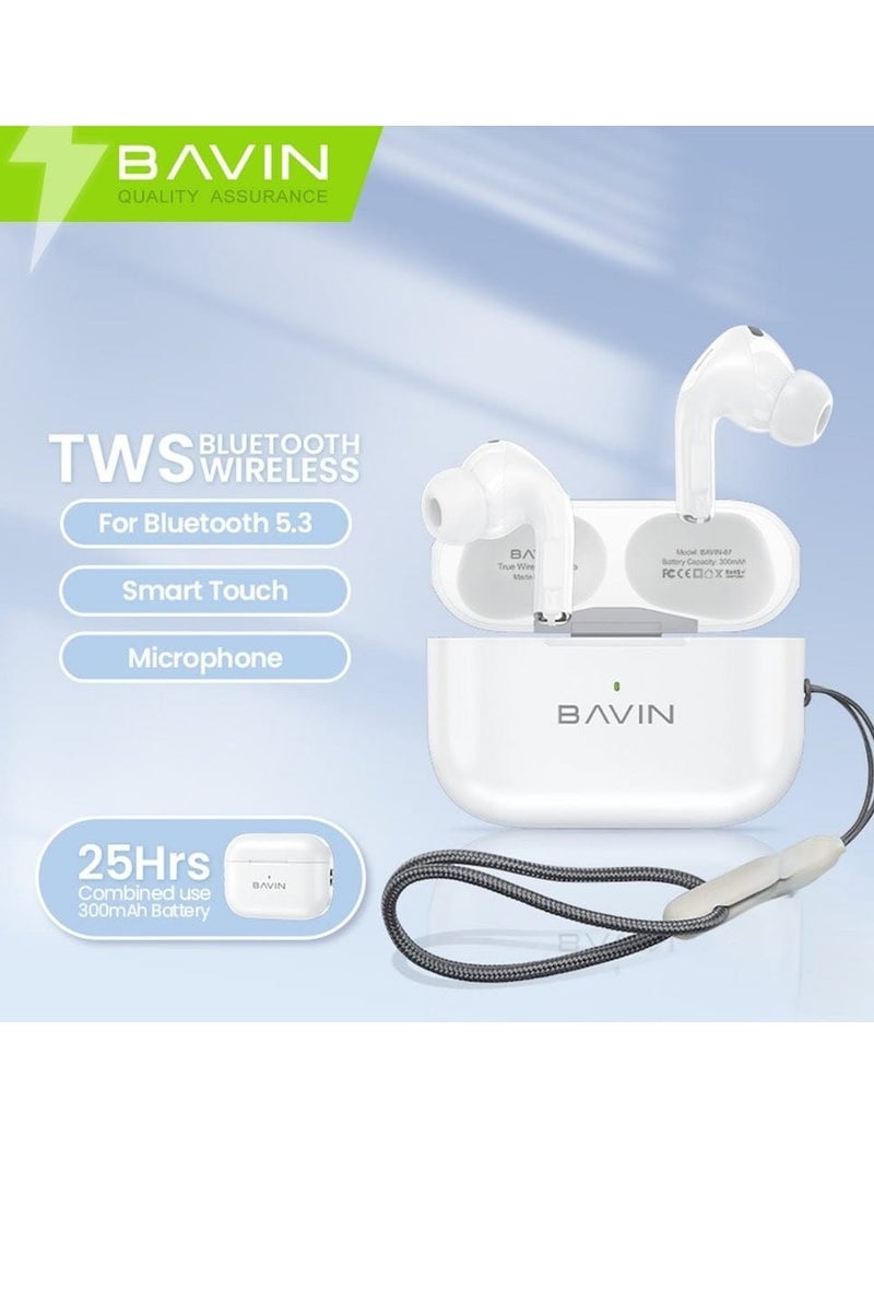 Bavin TWS Bluetooth Earphones with Long Battery Life and Comfortable Silicone Clip with Hanging Rope Touch Control Bluetooth 5.3 White - Image 2