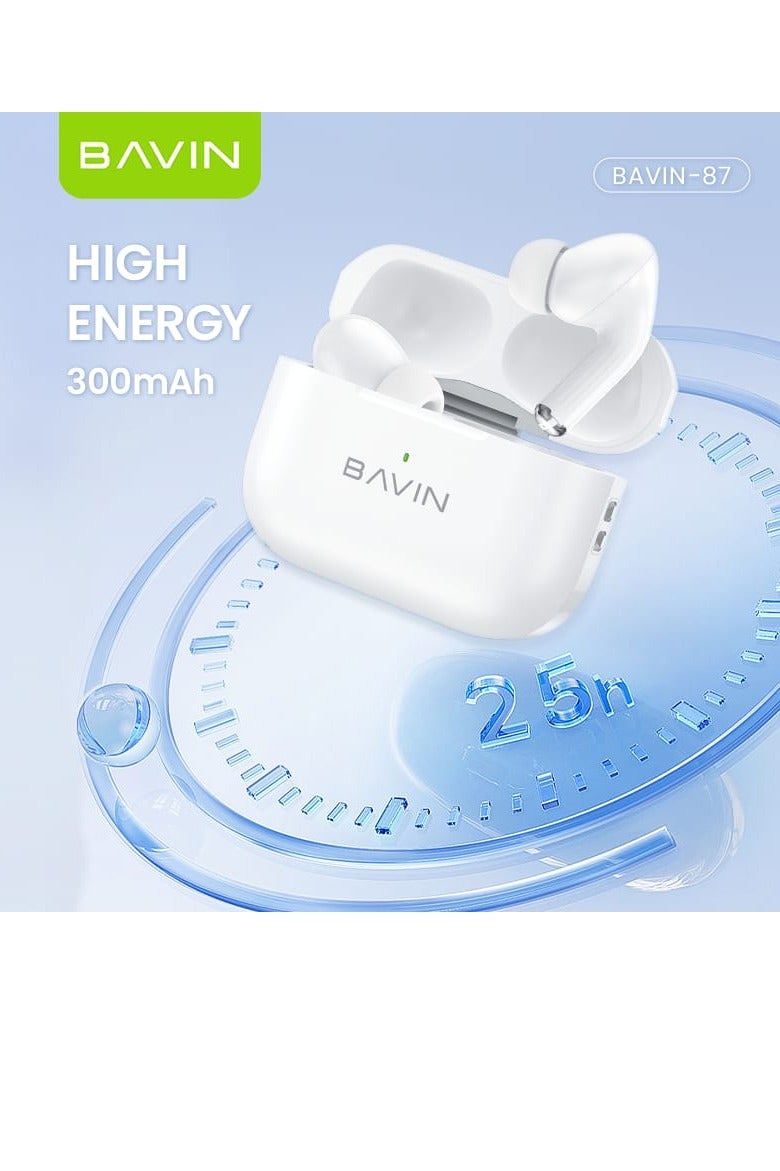Bavin TWS Bluetooth Earphones with Long Battery Life and Comfortable Silicone Clip with Hanging Rope Touch Control Bluetooth 5.3 White - Image 3