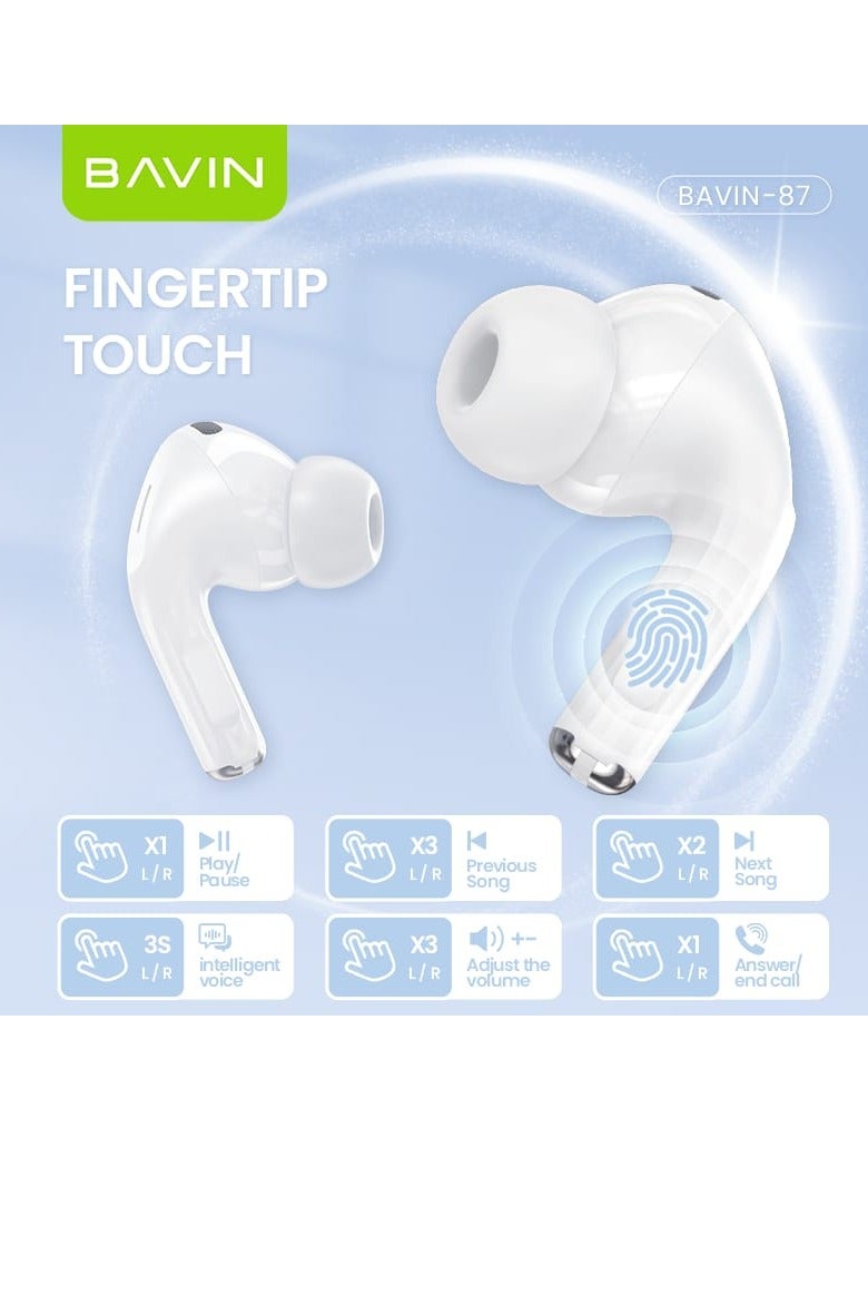 Bavin TWS Bluetooth Earphones with Long Battery Life and Comfortable Silicone Clip with Hanging Rope Touch Control Bluetooth 5.3 White - Image 5