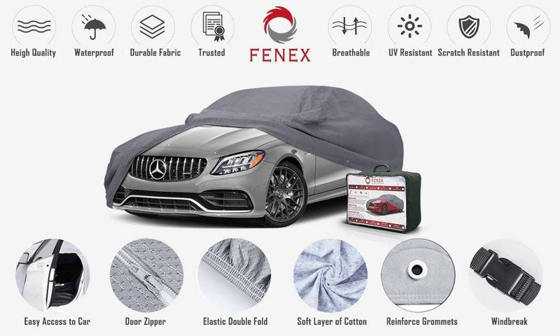 fenex Car Cover [Large] – All-Weather Protection | Waterproof, UV-Resistant, Dustproof, Breathable | Indoor/Outdoor Use | Door Zipper & Mirror Pockets | Fits Sedan cars (482 × 177 × 119 cm) - Image 2