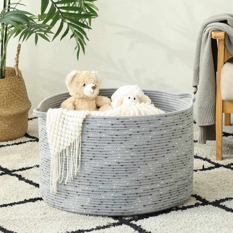 KAKAMAY Large Blanket Basket (20"x13"),Woven Baskets for storage Baby Laundry Hamper, Cotton Rope Blanket Basket for Living Room, Laundry, Nursery, Pillows, Grey with Blue & Brown Dotted - Image 4