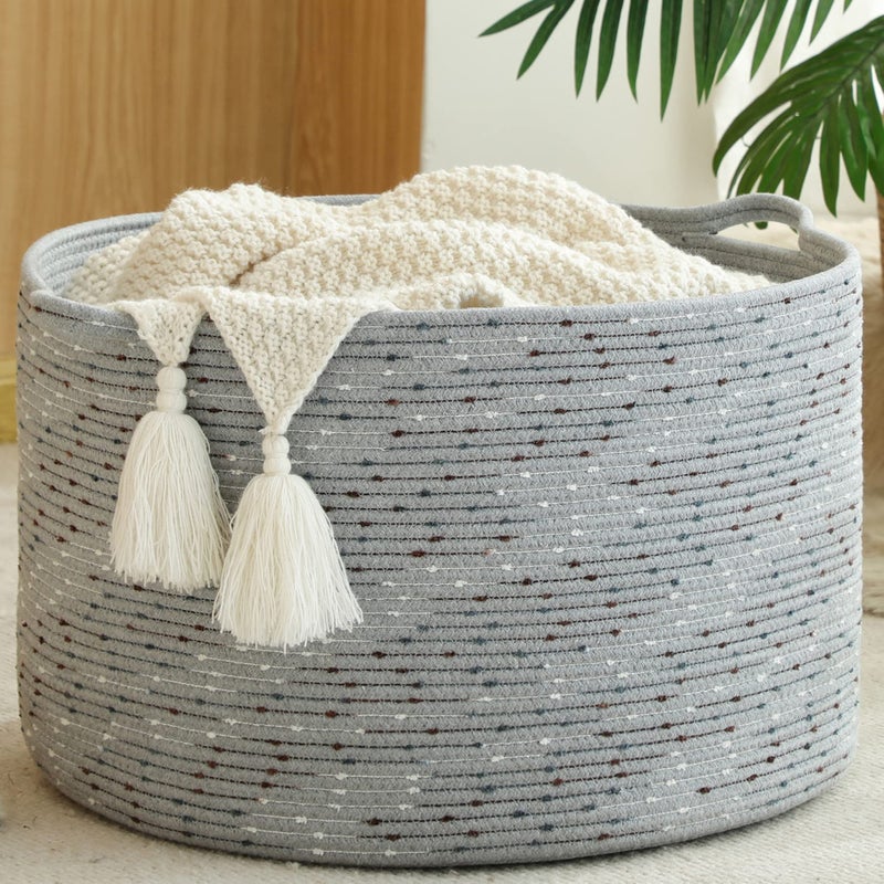 KAKAMAY Large Blanket Basket (20"x13"),Woven Baskets for storage Baby Laundry Hamper, Cotton Rope Blanket Basket for Living Room, Laundry, Nursery, Pillows, Grey with Blue & Brown Dotted - Image 1